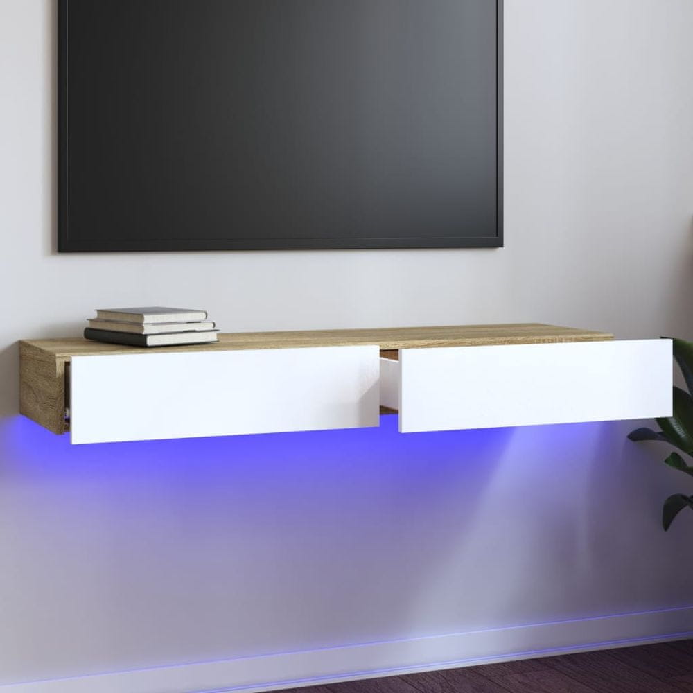 Vidaxl TV skrinka s LED svetlami biela a dub sonoma 120x30x15,5 cm